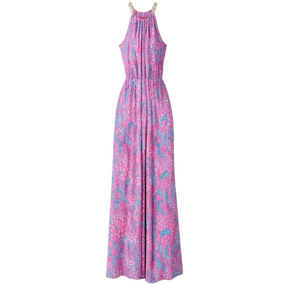 NWT Lilly Pulitzer Bowen Halter Jumpsuit Pink Sorbet High Altitude Gold Chain z0
